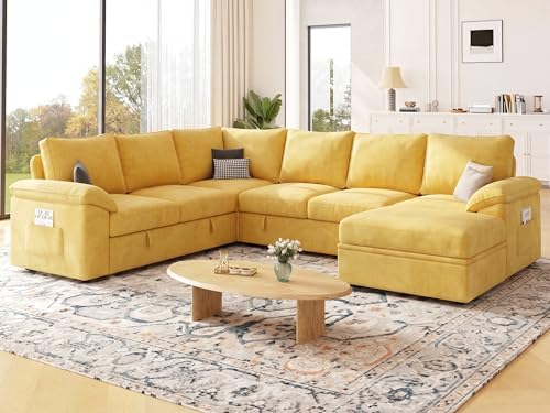 106'' Modular Sectional Sofa with Pull Out Bed, Sleeper Sofa, Yellow