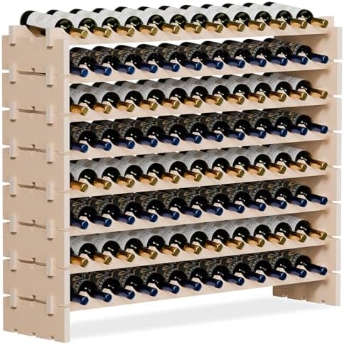 96 Bottles Stackable Modular Wine Rack, 8-Tier Wooden Wine Storage Rack Freestanding Wine Holder Display Shelves, Wobble-Free Shelves, Solid Wood