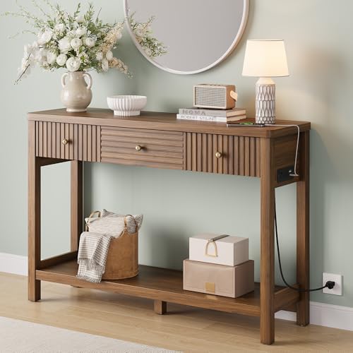 Decofy 47'' Fluted Console Table with Charging Station & 3 Drawers, Walnut