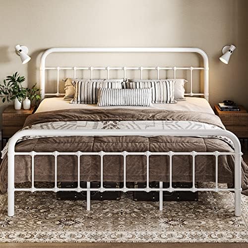 Allewie King Metal Bed Frame with Victorian Iron-Art Headboard, White