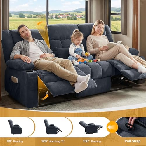 BOSMILLER Recliner 3-Seat Sofa with Cup Holders for Living Room, Manual Sofa Recliner with Side Pocket