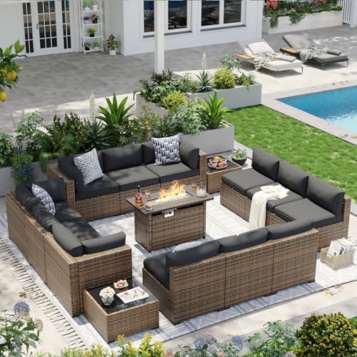 Aoxun Patio Furniture Sets, 15-Piece Outdoor Patio Furniture with 44'' Propane Gas Firepit Table, Wicker Outdoor Conversation Set Sectional Sofa for Backyard, Poolside, Garden
