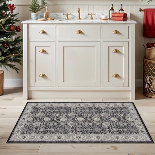 Entryway 2x4 Washable Area Rug: Oriental Stain Resistant Kitchen Runner Rugs Farmhouse Ultra Soft Bathroom Bedroom Print Floor Mat Thin Non Slip Indoor Carpet for Living Room Laudry Room(2x4,Black)