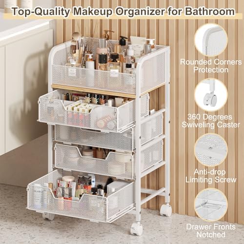 Hongtamoya Makeup Cart Organizer with 4 Drawers, Rolling Makeup Cart, White | Large Floor Skincare Vanity Organizers Cosmetics Display Cases Makeup Storage Cart for Skin Care Perfume Nail Polish