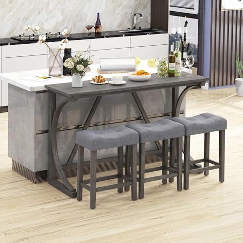 COSTWAY 4-Piece Farmhouse Bar Table Set with Power Outlet