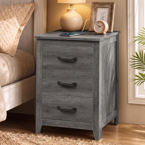 VASAGLE Farmhouse Nightstand with Charging Station, 3 Drawers