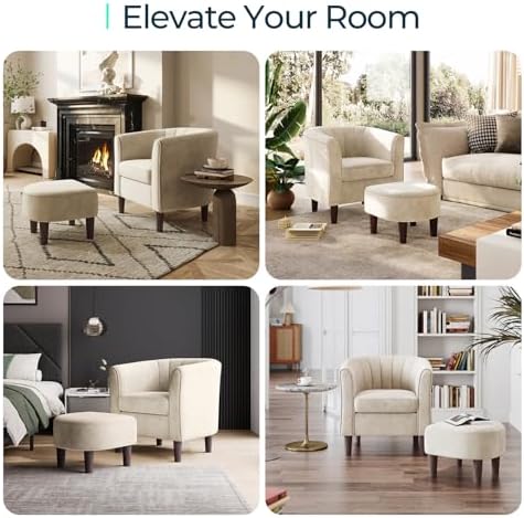 LINSY Accent Chair with Ottoman, Modern Barrel Chair Small Armchair Reading Chair with Footrest, Comfy Round Arms Chair for Living Room Bedroom Reading Room, Velvet, Cream