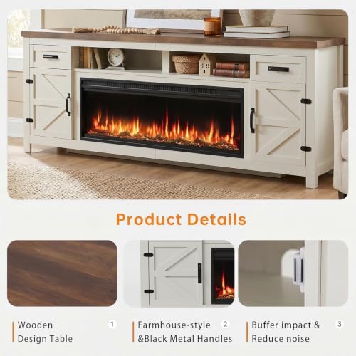 Fireplace TV Stand with Barn Door, 95 inch, Modern White