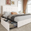 Allewie Queen Size Storage Bed Frame with 4 Underbed Drawers, Upholstered Platform Bed with Adjustable Headboard, Square Button Tufted, Easy Assembly, Noise-Free, No Box Spring Needed, Soft White