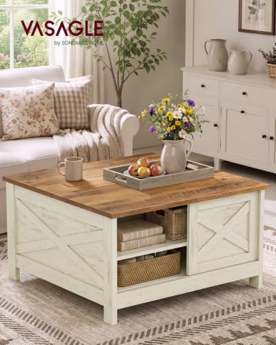 VASAGLE Farmhouse Coffee Table with Storage, Lift Top, Hidden Compartment