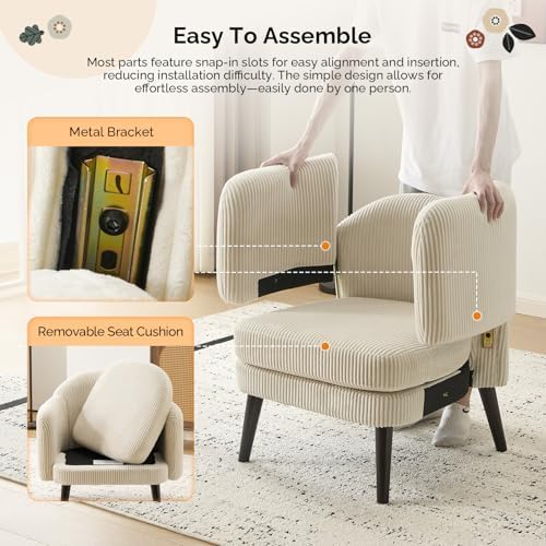 VINGLI 30.3" Wide Modern Barrel Accent Armchair with Track Armrest, Solid Wooden Legs, Comfy Upholstered Club Chair, Round Single Home Sofa for Living Room, Bedroom, Reading Room, Corduroy Beige