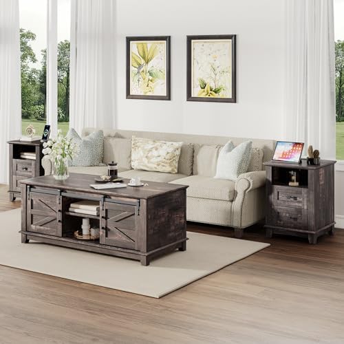 LUXOAK Farmhouse Table Set of 3, Coffee Table with Sliding Barn Doors, End Tables Set of 2 with Charging Station for Living Room & Bedroom, Sliding Barn Doors, 2 Tiers Storage Drawer, Dark Rustic Oak