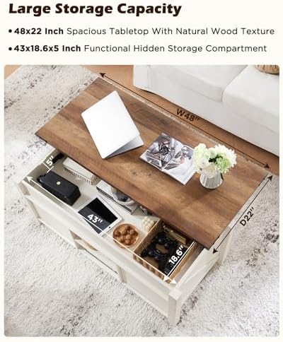 OKD 48" Farmhouse Lift Top Coffee Table, Sliding Barn Door, Antique White