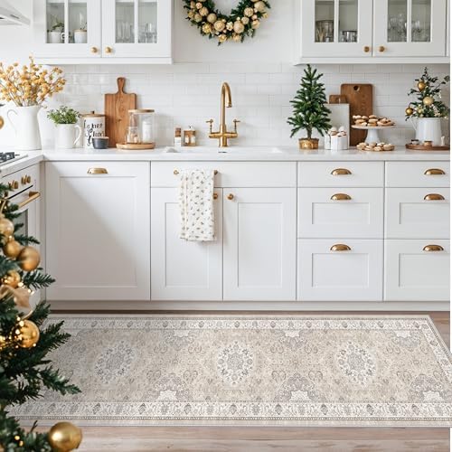 Washable 2x8 Hallway Runner Rug: Vintage Water Resistant Kitchen Entryway Rug Ultra Soft Living Room Bedroom Carpet with Non Slip Backing Indoor Low Pile Floor Mat for Bathroom Dining Room(2x8,Beige)