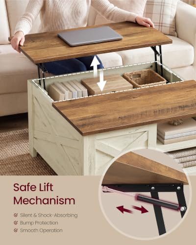 VASAGLE Farmhouse Coffee Table with Storage, Lift Top, Hidden Compartment