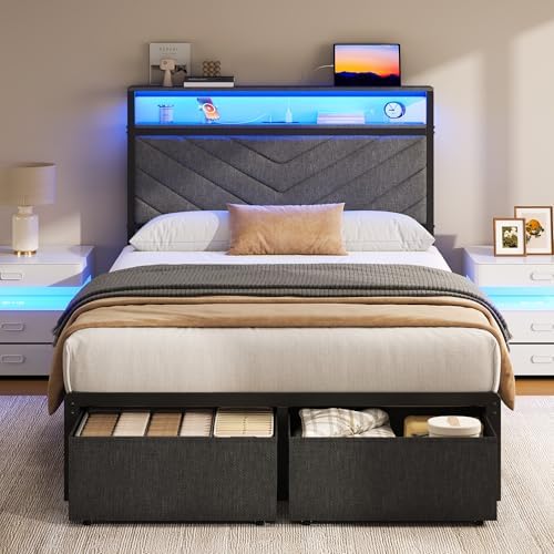 Fluest Twin Bed Frame with Storage Drawers, Upholstered Headboard with Charging Station, LED Lights, Fabric Drawers with Wheels, Under Bed Storage, No Box Spring Needed, Easy Assembly, Grey