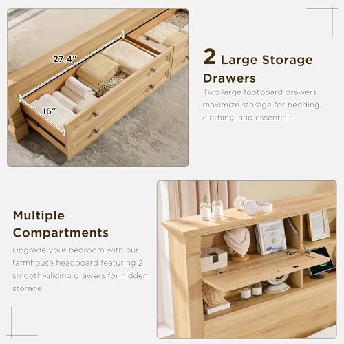 T4TREAM Farmhouse Queen Size Bed Frame with 54" Tall Storage Bookcase Headboard, 18" Roman Column Decoration Footboard,2 Drawer & 4 Storage Rack, Oak
