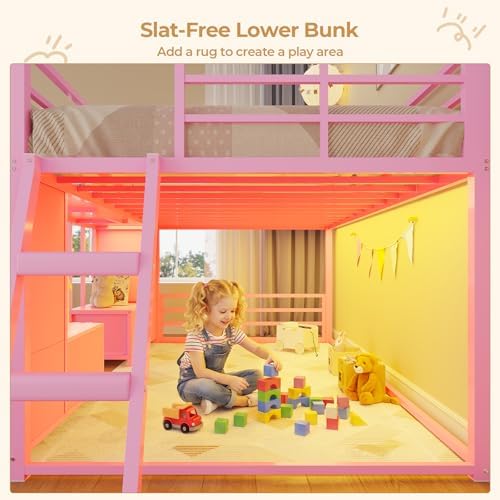 BTHFST Low Bunk Bed Twin Over Twin with 8 Fabric Drawers & Bookshelf, Pink