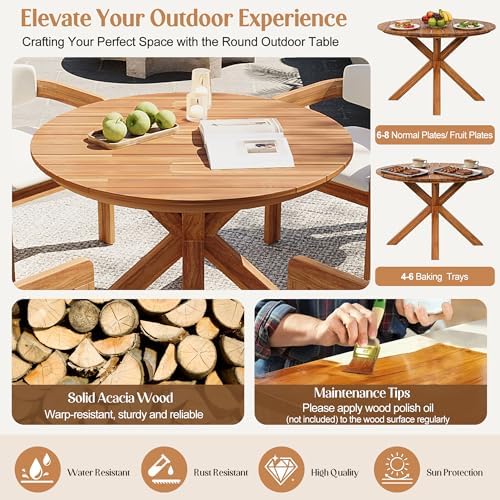Merax 44.5 Inch Acacia Wood Round Outdoor Dining Table, Natural Finish