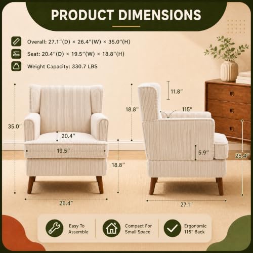 VINGLI 26" Wingback Accent Chair Set of 2, Corduroy Armchair for Apartment