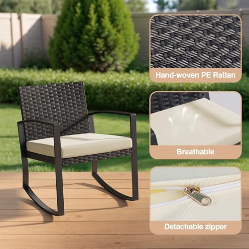 Qsun 3 Pieces Porch Furniture Set Patio Rocking Bistro Set Outdoor Patio Chairs Rattan Conversation Sets with Coffee Table for Front Porch Garden Balcony Backyard Poolside (Beige Cushion)