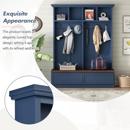 Merax Wood Hall Tree with 6 Hooks & Entryway Bench, Farmhouse Mudroom Versatile Coat Racks with 2 Large Drawers, Entrance Organizer for Hallway, Blue