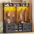 Itaar Hall Tree with Bench and Shoe Storage, 5-in-1 Entryway Bench with Coat Rack, 16 Shoe Cubbies & 12 Coat Hooks, Barn Door & Adjustable Shelf (Black)