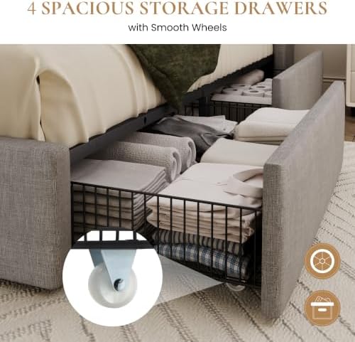 SHA CERLIN Queen Size Storage Bed Frame with 4 Oversized Drawers, Modern Wingback Headboard with Storage Shelf & Charging Station, No Box Spring Needed, Easy Assembly, Grey