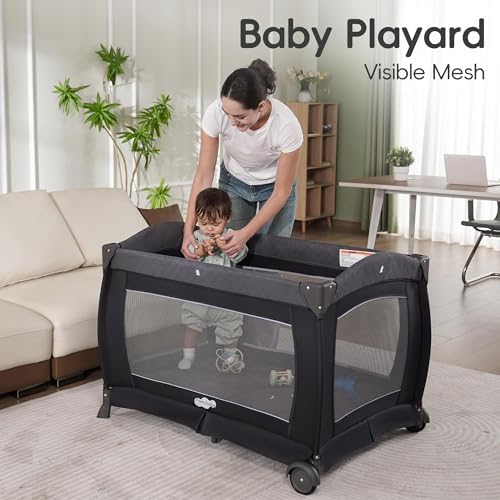 Pamo Babe Pack and Play 4-in-1 Baby Playard with Bassinet & Changing Table, Foldable Portable Playpen with Mattress, Travel Crib for Newborn to Toddler 0-36M-Black