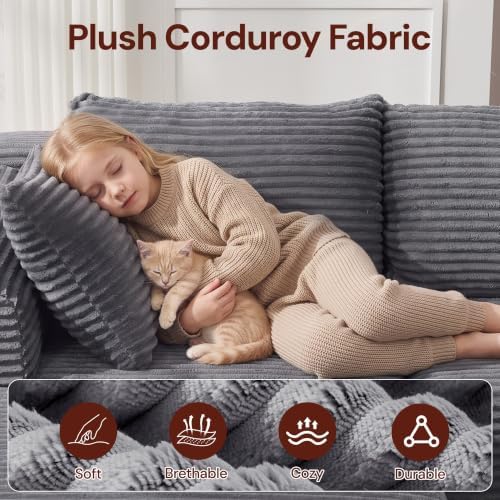 Korser 110" Boneless Couch, Modular Sectional Sofa, U-Shaped Couch with Deep Seat, Boneless Cloud Couch with Side Pockets for Living Room, Apartment, No Assembly Required, Comfy Corduroy
