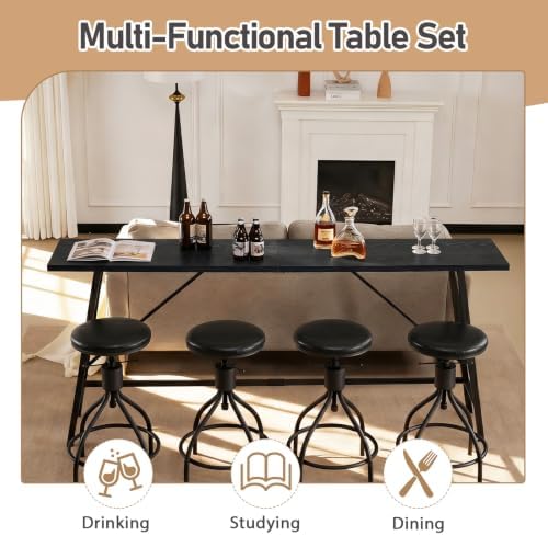 Karl home 83.8" Bar Table and Chairs Set, 4 Adjustable PU Stools, Black