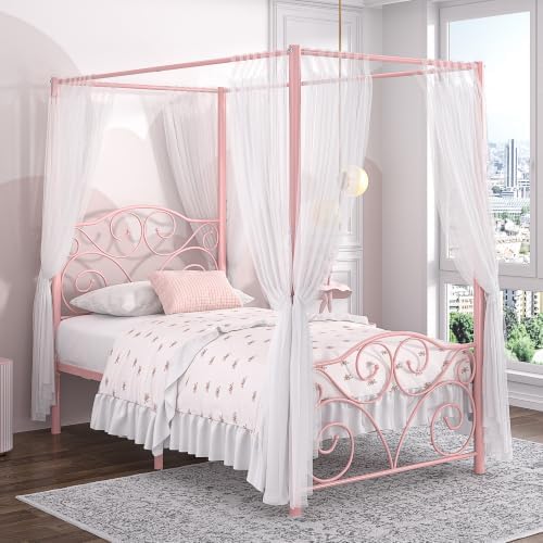 VECELO Metal Canopy Bed Frame Twin Size, 4 Posters Platform Mattress Foundation with Headboard, Heavy Duty Steel Slats Support, No Box Spring Needed, Pink