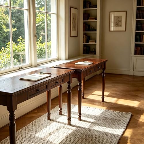 47" Narrow Solid Wood Writing Desk with Drawers, Walnut