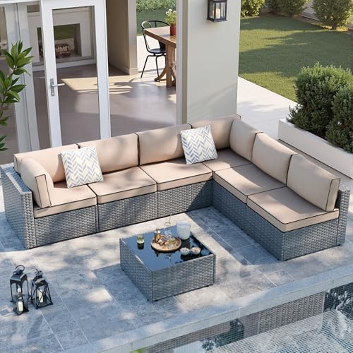 SUNLEI 7pcs Patio Conversation Sets Outdoor Furniture Sets, High Back All-Weather Rattan Sectional Sofa with Tea Table&Washable Couch Cushions(Silver Rattan)(Khaki)