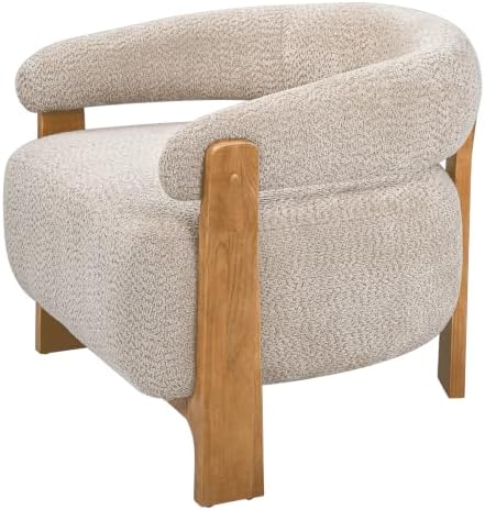 Merax 28.7'' Mid-Century Modern Boucle Accent Chair with Solid Wood Frame, Curved Arm Barrel Chair Upholstered Boucle Fabric Lounge Chair for Living Room, Bedroom & Office, Light Taupe + Natural