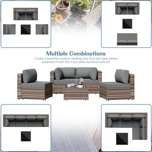 Shintenchi 5 Piece Outdoor Patio Furniture Set with Brown PE Rattan, Gray