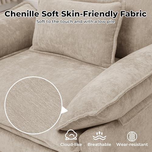 Oversized Accent Chair with Ottoman Set of 2,44"Chenille Cloud Sofa Chair with Deep Seat,Upholstered Armchair with Extra Thick,Modern Comfy Reading Chairs for Living Room Bedroom Apartment Khaki