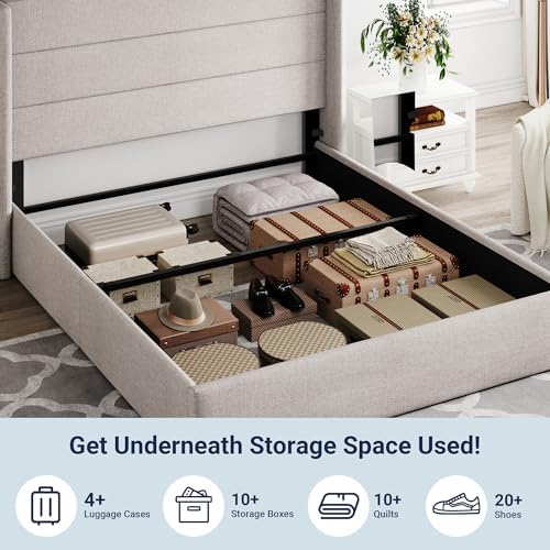 Allewie Full Size Lift Up Hydraulic Storage Bed Frame Light Beige