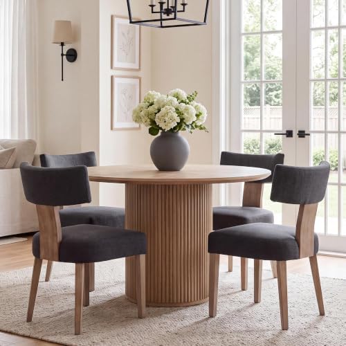 HNY Mid Century Modern Dining Chairs Set of 4, Farmhouse Linen Upholstered Accent Chair Curved Backrest Kitchen Chairs, with Hardwood Frame, Charcoal