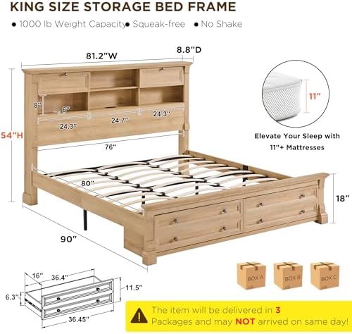 T4TREAM Farmhouse King Size Bed Frame with 54" Tall Storage Bookcase Headboard, 18" Roman Column Decoration Footboard,2 Drawer & 4 Storage Rack, Oak