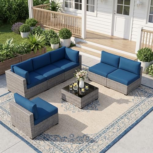 LOUVIXA 7 Piece Outdoor Patio Furniture Set, Outdoor Sectional Sofa, Wicker Rattan Patio Furniture, Patio Conversation Set with Coffee Table & Cushions
