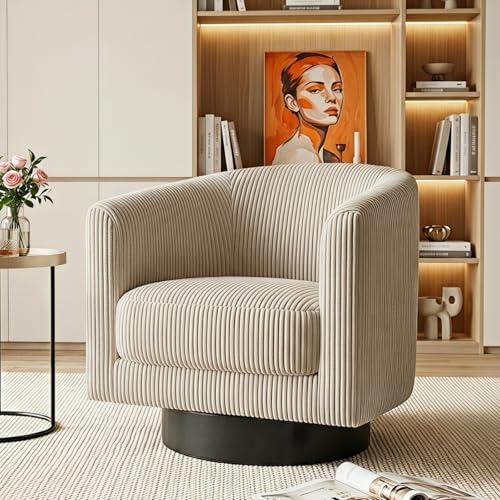 Swivel Accent Chairs, 360 Degree Bucket Chair, Modern Upholstered Barrel Armchair, Comfy Corduroy Single Sofa for Living Room Bedroom, Camel