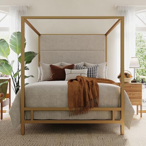 Merax Queen Size Gold Metal Canopy Bed Frame, 76.5" Tall Linen Upholstered Headboard, 4-Poster Bed with 800 lbs Capacity, Box Spring Required for Bedroom, Gold+Tan