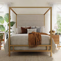Merax Queen Size Gold Metal Canopy Bed Frame, 76.5" Tall Linen Upholstered Headboard, 4-Poster Bed with 800 lbs Capacity, Box Spring Required for Bedroom, Gold+Tan