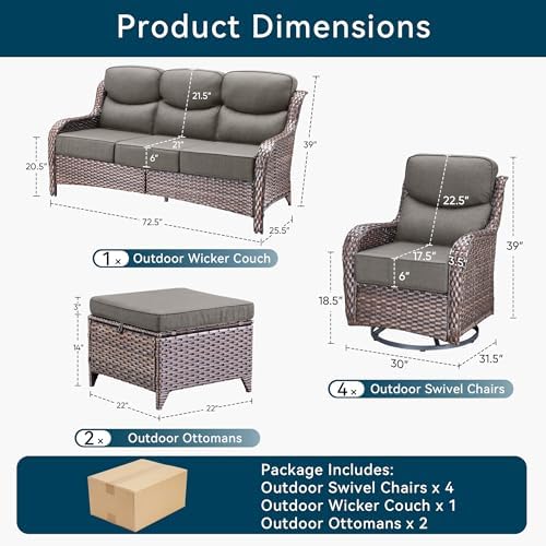 Luxury 7 Pieces Outdoor Patio Furniture Set-All Weather Wicker Outdoor Furniture with Swivel Rocker Patio Chairs 6-inch Extra Thick Cushions Wicker Conversation Set for Garden Porch(Brown/Grey)