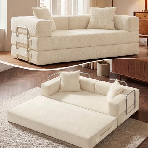 GRUSIGN 78" 5-in-1 Convertible Futon Sofa Bed, Boneless Corduroy, Beige