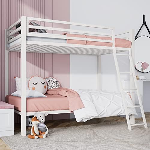 SHA CERLIN Bunk Bed Twin Over Twin Size with Ladder and Guardrail,White