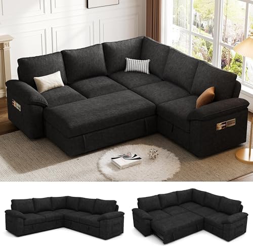 85'' Modular Sectional Sofa with Pull Out Bed, Sleeper Sofa, Black