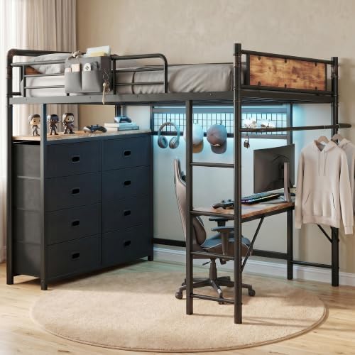 Jocoevol Twin Loft Bed with Desk and 8 Storage Drawers, Rustic Brown