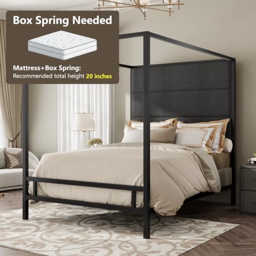Merax Queen Canopy Bed Frame with Tall Linen Headboard, Metal 4 Poster Bed